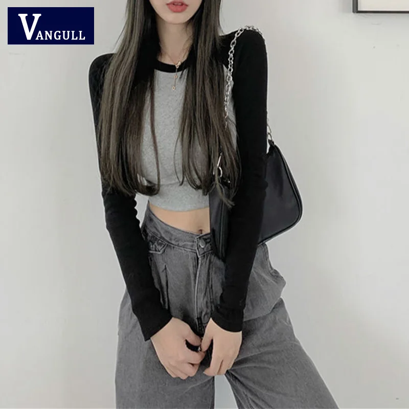 

Vangull Casual Retro Stitching Contrast Color Tight-fitting Long-sleeved T-shirt Sexy Women's Wild Slim Short Cropped Navel
