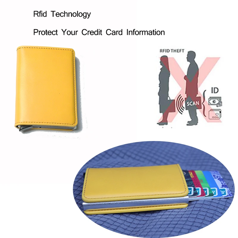 RFID Blocking Credit Card Holder Genuine Leather Men ID Card holder Mini Wallet Vintage Metal Automatic Anti-theft Card Wallet