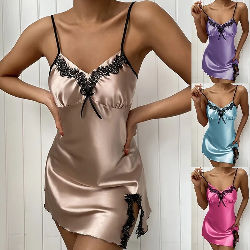 

Summer Women Sleepwear Silk Nighty Nightdress Sexy Lingerie Nightgown Lady Off Shoulder Nightwear Female Night Home Cloth Dress
