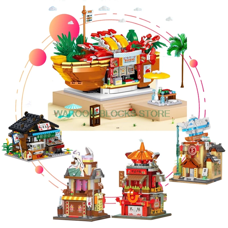 City Series Street View Modern Ancient Japanese Architecture Sushi House Assembled Building Blocks Bricks Girls Boy Children Toy | Игрушки и