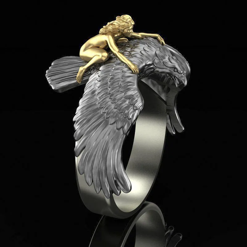 

New Arrival Mythology 3D Three-dimensional Gold Flying Eagle Angel Trainer Naked Ring Men Personality Women Rings Jewelry
