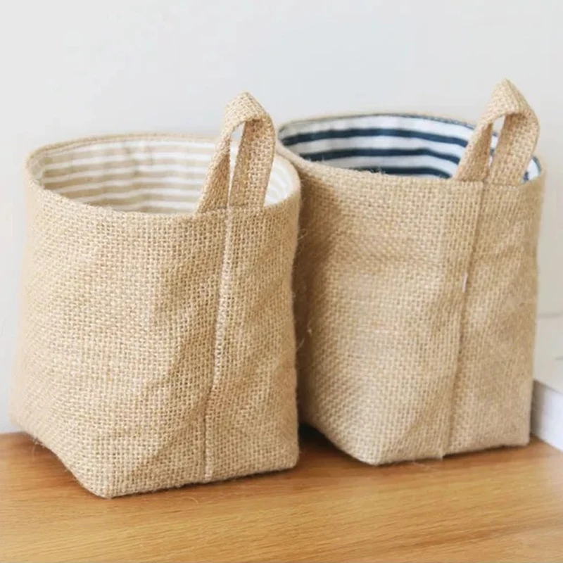 

Jute Cotton Linen Bag Desktop Storage Basket Hanging Pocket Small Sack Sundries Storage Box With Handle Cosmetic Storage Bag