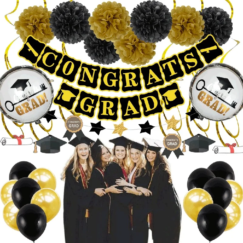 

Graduation Party Supplies Black Gold Grad Party Decor Hanging Swirl Strings Latex Balloon Flower Ball Stars Paper String Kit