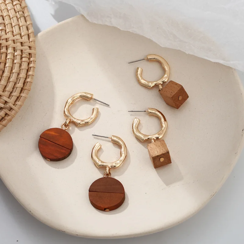 Cpop 2 вида цветов новые модные золотые деревянные серьги круглые серьги-подвески