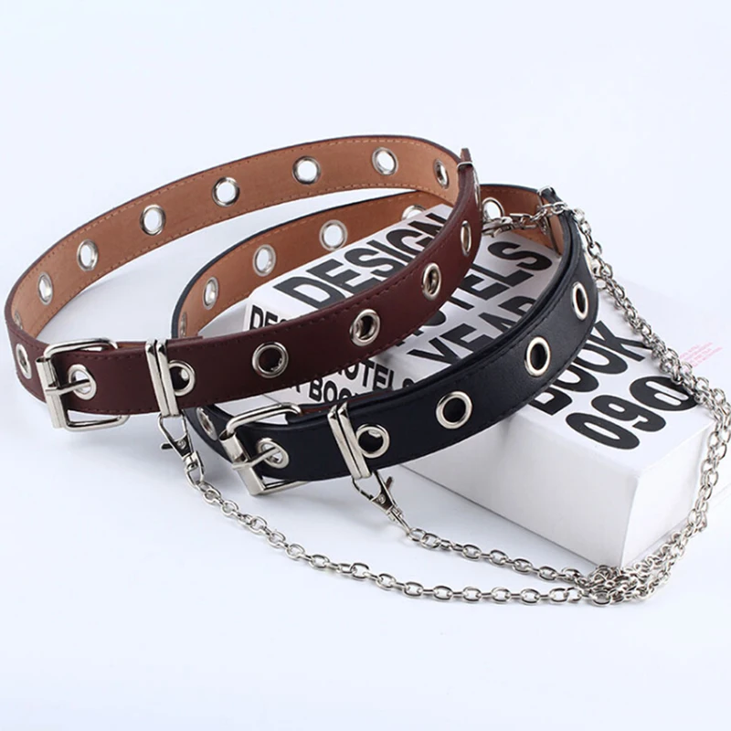 1 pcs Women Punk Chain Fashion Belt Adjustable Black Double/Single Eyelet Grommet Leather Buckle Belt