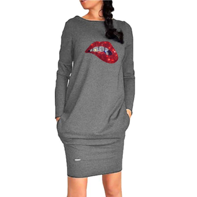 Осеннее женское платье большого размера с принтом губ облегающие платья
