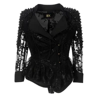 new women hollow high quality lace chiffon beading rivet outwear casual short lace biker jacket leisure button stud short coat