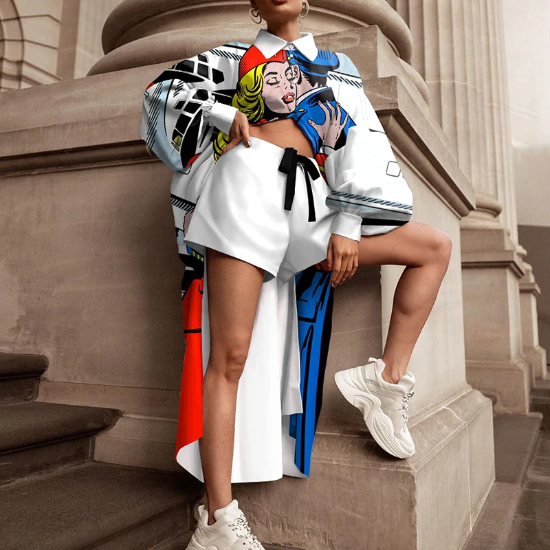 

Женский элегантный комплект из 2 предметов, Повседневная Длинная рубашка на пуговицах и модные тренировочные штаны на шнуровке с принтом, у...