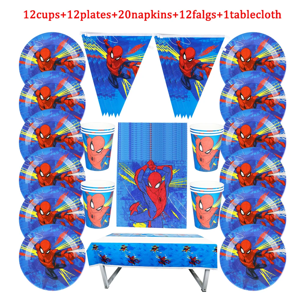 

57Pcs New Style Spiderman Disposable Tableware Design Kids Birthday Party Paper Plate+Cup+Napkin+Flag+Tablecloth Party Supplies