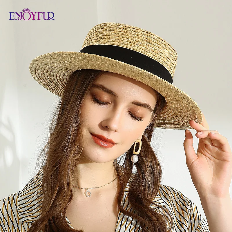 ENJOYFUR женские летние соломенные шляпы с лентой простой плоский верх унисекс
