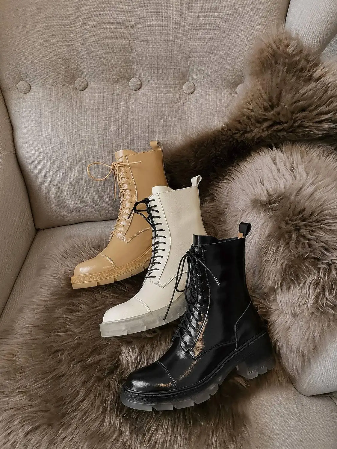 

Vichelo Hot large size motorcycle boots split leather cross-tied round toe thick high heel zipper handsome punk ankle boots L50