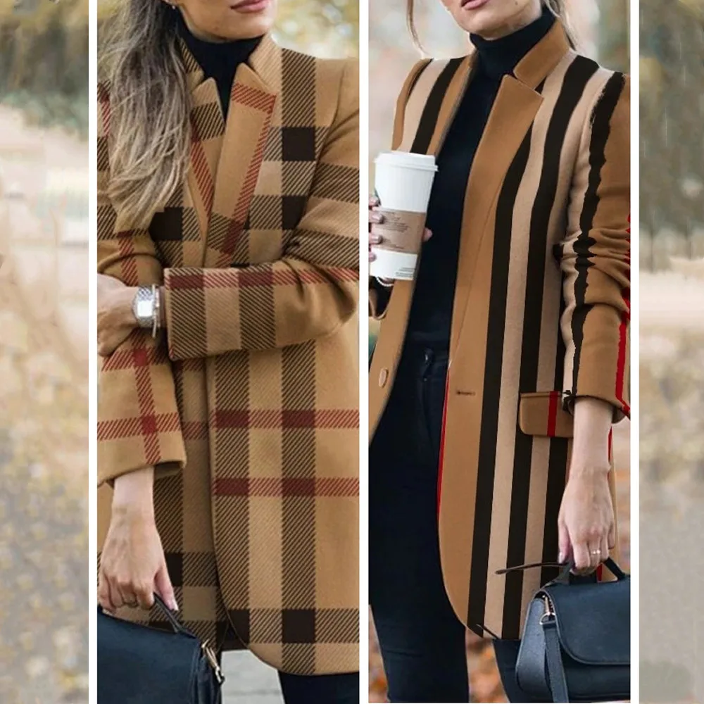 

2020 Autumn And Winter Women's New Long-sleeved Lapel Coat Printed Woolen Coat Fashion Striped Plaid Slim Coats Oversized