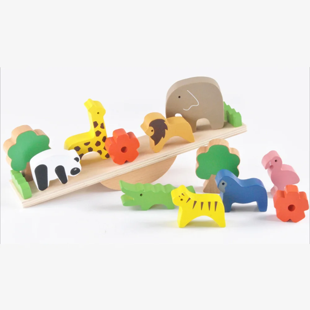 

Baby Wooden Blocks Forest Animal Seesaw Balance Beam Puzzle High Building Blocks Stacks Wood Educational Toys for Children Kids