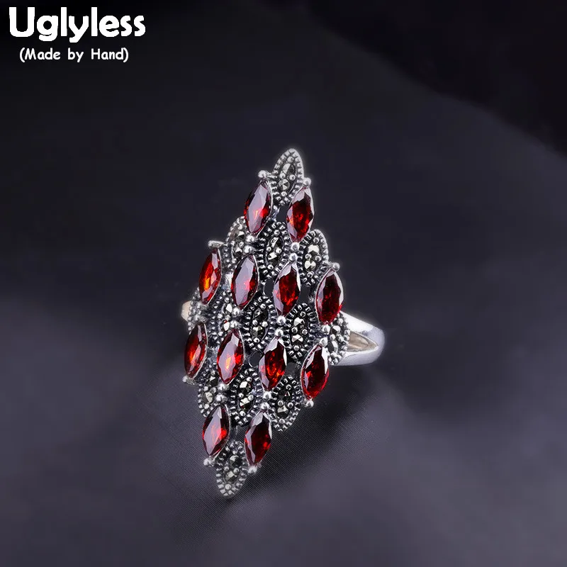 

Uglyless Vintage Marcasite Square Rings for Women Thai Silver Wide Open Rings 925 Silver Garnet Rhombus Dress Ring Gemstone R883
