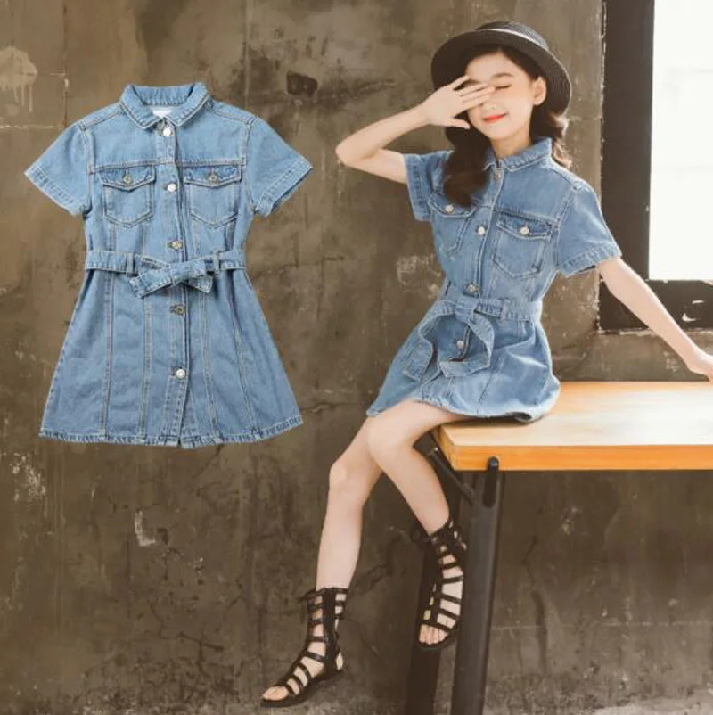 

Cultiseed Big Girls Summer Short Sleeve Denim Jeans Dresses Children Kids Turn Down Collar Single Breasted Bow Belt Party Gowns