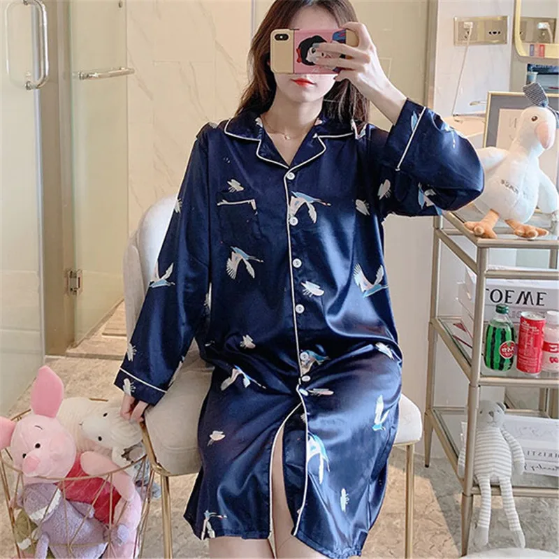 CAIYIER Solid Red Silk Night Dress Winter Long Sleeve Women Sleepshirts Sexy Loose Turn-down Collar Large Size Homewear M-3XL