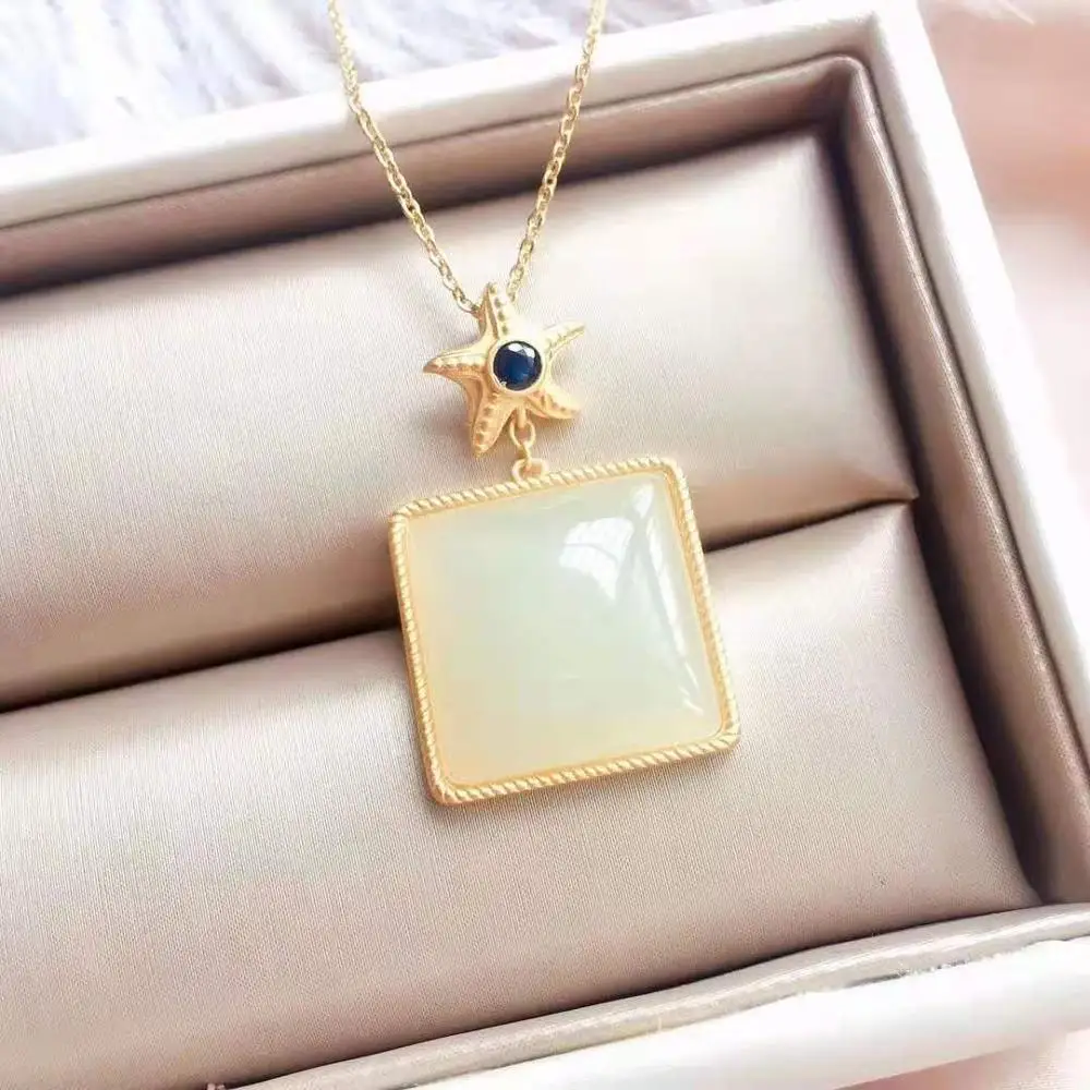 Кулон из натурального квадратного белого нефрита ожерелье чистого серебра S925