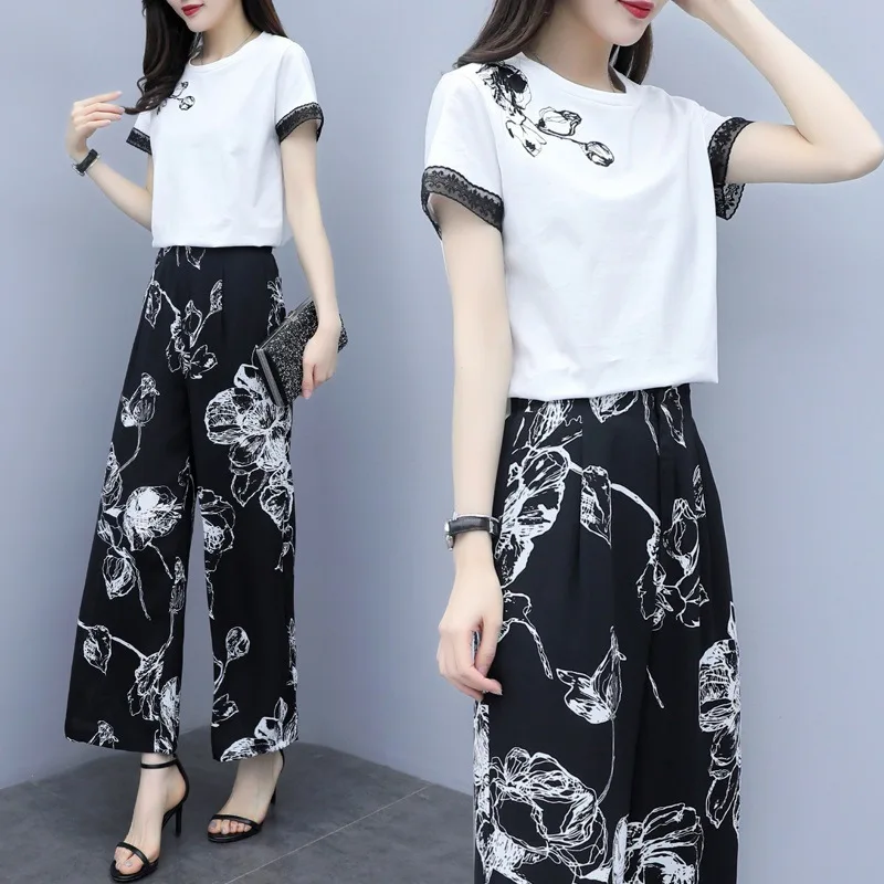 Широкие брюки модные женские летние футболки с круглым воротником и принтом +