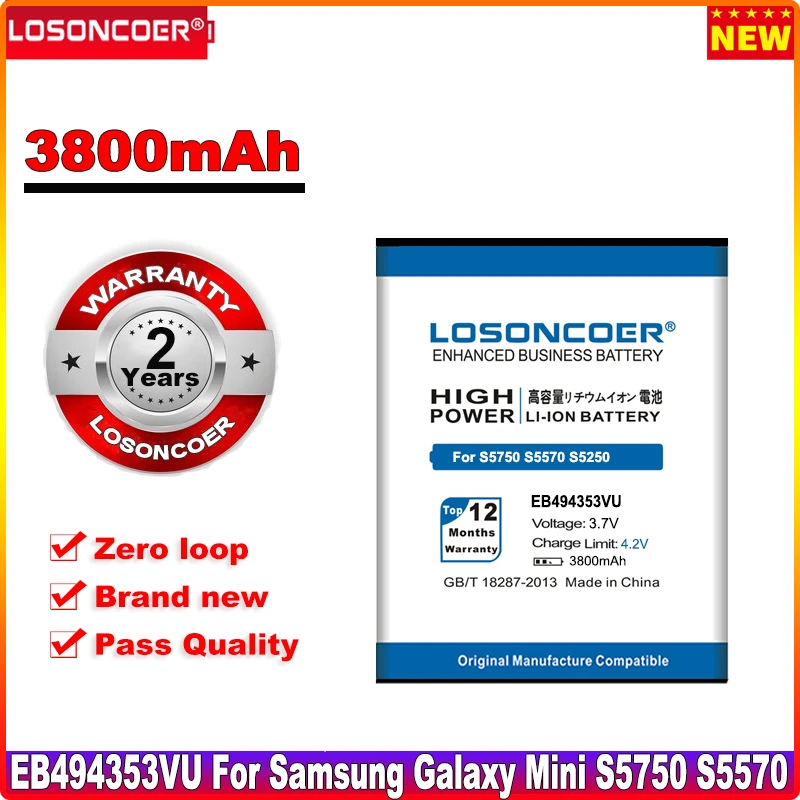 LOSONCOER 3800mAh EB494353VU батарея для Samsung Galaxy Mini S5750 S5570 s5250 S7230/E S5330 C6712 I339 S5578 I559|battery for