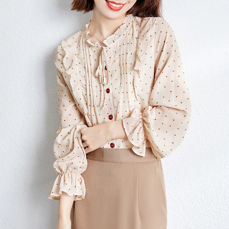 

Women Dot Shirts 2021 Korean Style Chiffon Loose OL Blouses Female Spring Plus Size Blusas poleras mujer Streetwear Top Tee 1087