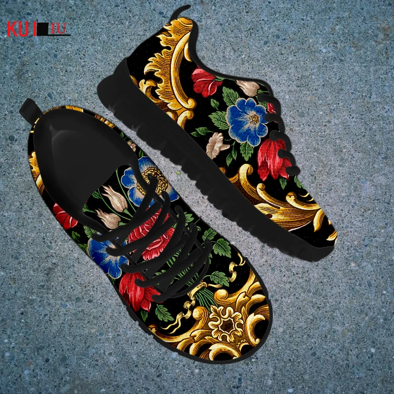 

KUILIU Women Golden Baroque Flowers Flat Shoes Lady Luxury Retro European Floral Sneakers Breathable Mesh Female Footwear