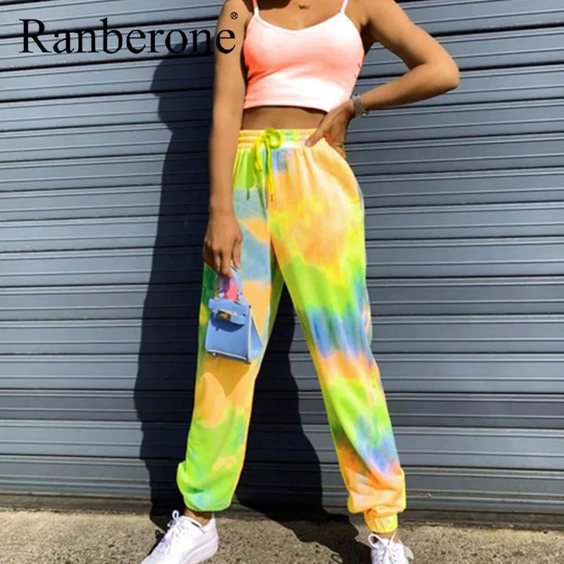 Tie Dye Printed Sweatpants Women Fashion Harajuku Pants Colorful Psychedelic Track Pants Slim Streetwear Trousers With Pocket