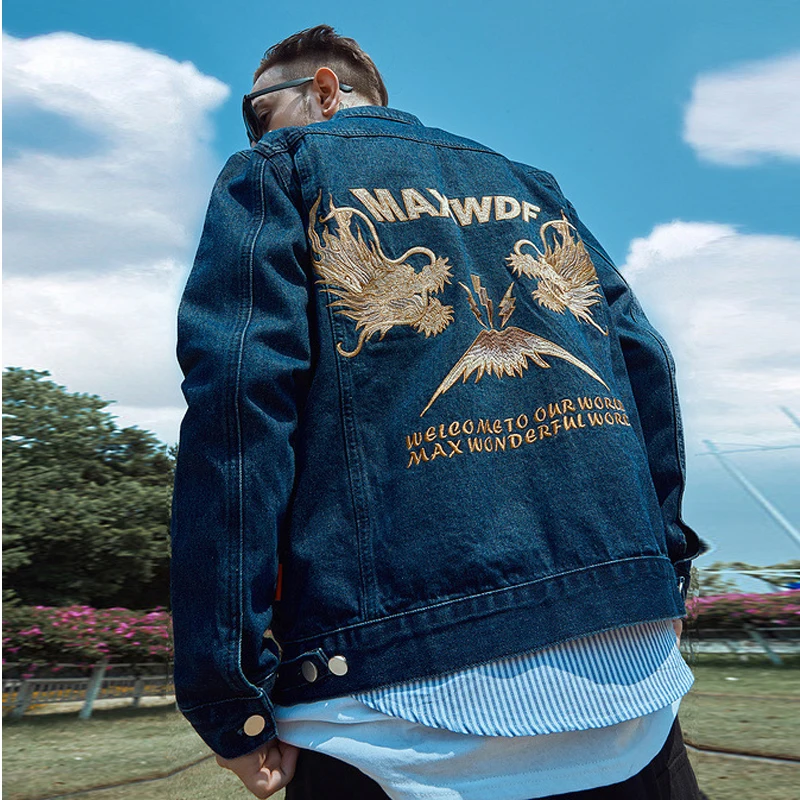 2019 уличная одежда джинсовые куртки для мужчин хип-хоп с вышивкой дракона