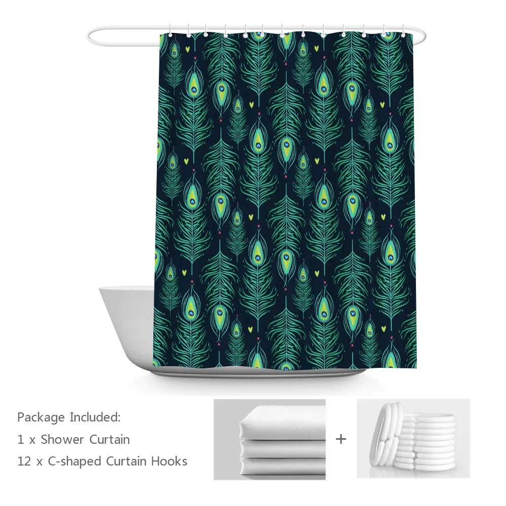 

Peacock Feather Shower Curtains Peacock Tail Close-up Picture Bath Curtains Colorful Teal Green Bathroom Decor Set with 12 Hooks