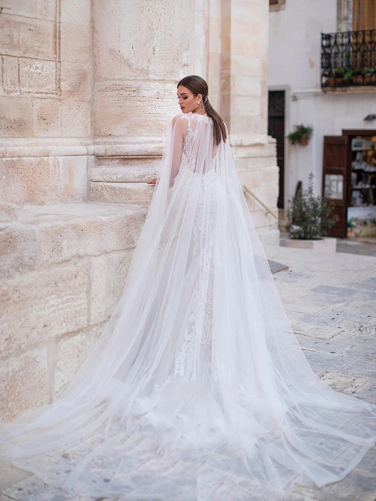 

MNGRL O-neck Simple Retro Mermaid Sleeveless 3D Flower Bridal Dresses White Lace Tail Wedding Gown Plus Size Wedding Dress