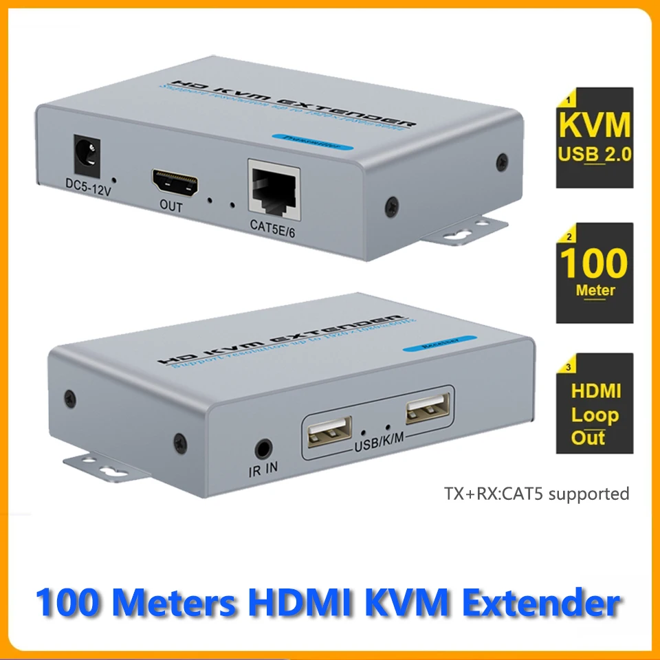 HDMI KVM USB-удлинитель 1080P по кабелю Ethernet Cat5e/6 100 м (футов) для пультов управления мышью и клавиатурой