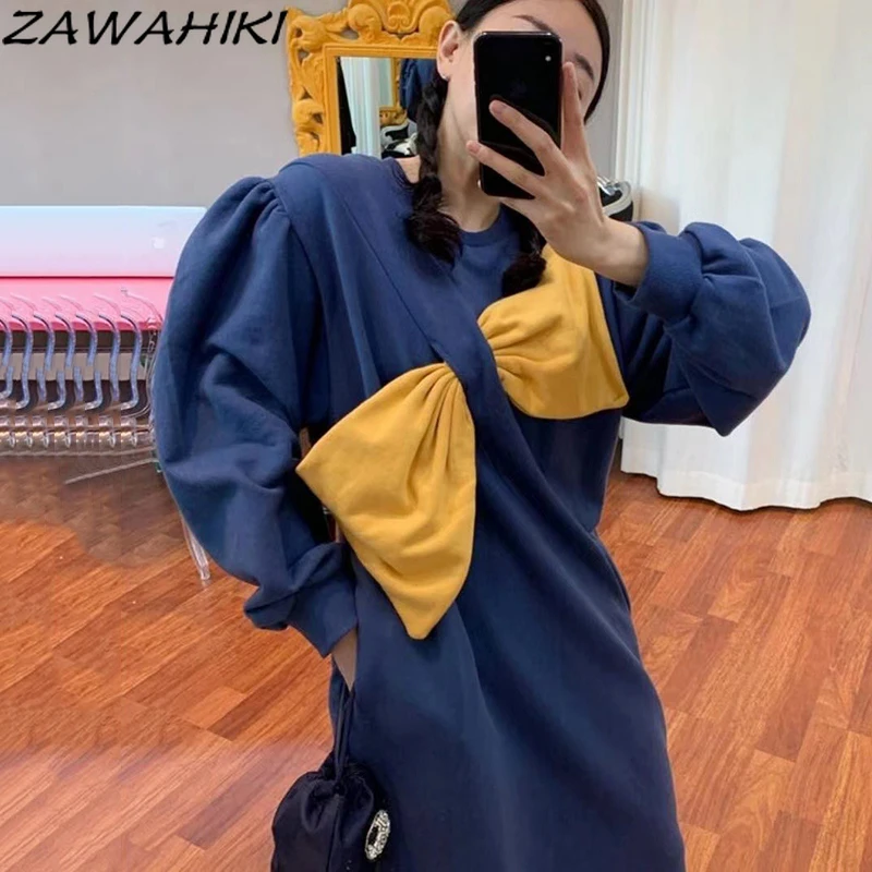 

Универсальное платье-свитер zawхиты контрастных цветов с круглым вырезом и бантом, свободное платье-свитер с разрезом, длинные платья, женск...