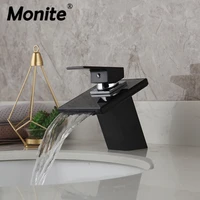 Monite ORB & Chrome Waterfall Bathroom Faucet Black Glass Deck Mounted Solid Brass Wash Basin Sink Vessel Tap Mixer Faucet