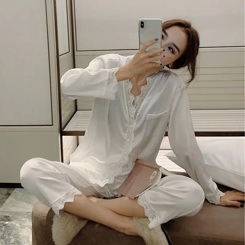 Spring Autumn New Women's Sexy Pajamas Sets Lace Ice Long Sleeve 2Pcs Suit Nightwear Sweet Princess Home Wear Sleepwear