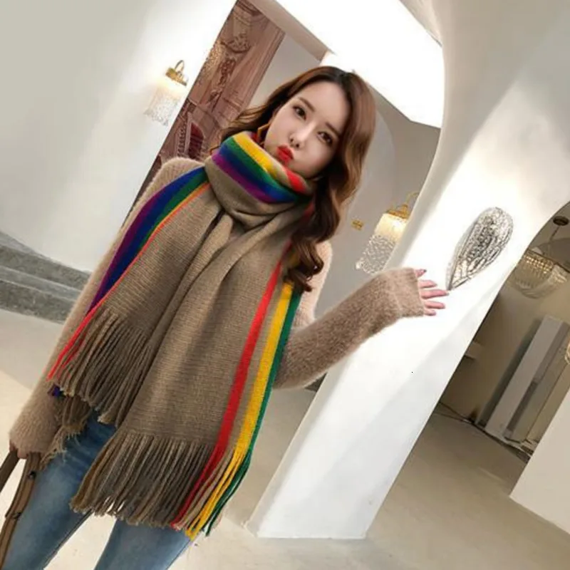 Широкий Радужный шарф женский зимний теплый вязаный кашемировый в полоску
