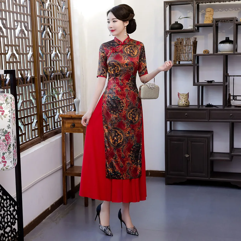 AO Dai, длинное платье чонсам, M-4XL, новинка, китайский стиль, вискозное платье, женское вечернее Ципао, тонкое платье для вечеринок, весеннее женское платье на пуговицах