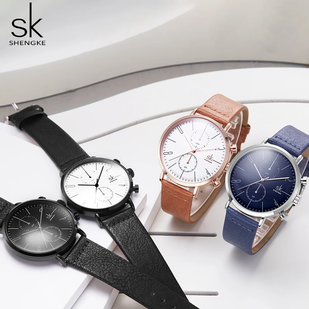 Часы Shengke мужские деловые Модные кварцевые наручные с кожаным ремешком|Кварцевые