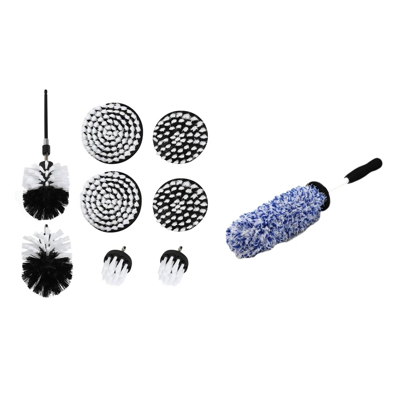 

9PCS White Soft Cleaning Scrub Brush Cleaning Brush With Top Microfiber Premium Car Duster Wheels Brush