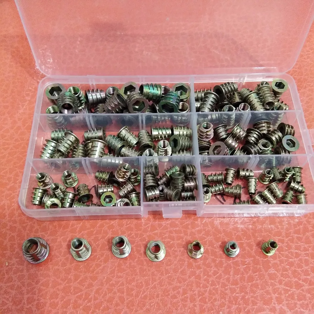 

140Pcs/set M4//M6/M8*8/10/13/15Zinc Alloy Thread For Wood Insert Nut Flanged Hex Drive Head Furniture Nuts Assortment Kit