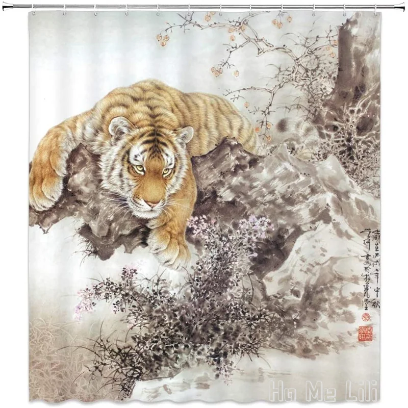 

Asian Decor By Ho Me Lili Shower Curtain Tiger Wild Animal Chinese Famous Ink Painting Art Landscape Ancient Bathroom Decoration