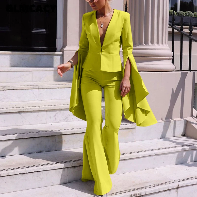 

Women 2 Piece Matching Outfit Set Flare Sleeve Plunge V-neck Top & High Waist Bodycon Wide Leg Pant Sets Chic Office Lady Suit