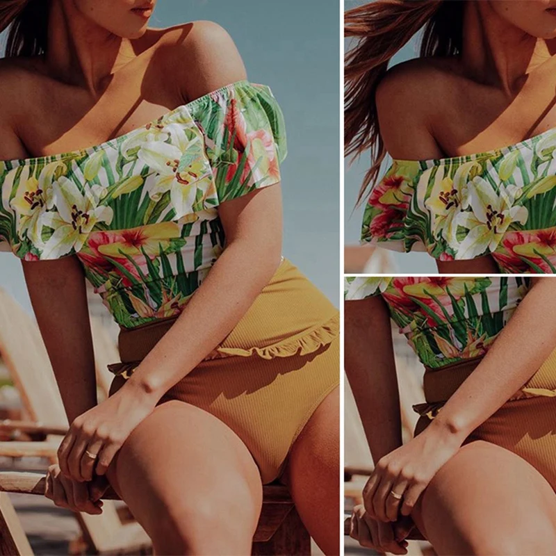 

Women's One Shoulder Swimsuit Ruffled High Waist Split Printed Swimsuit Green