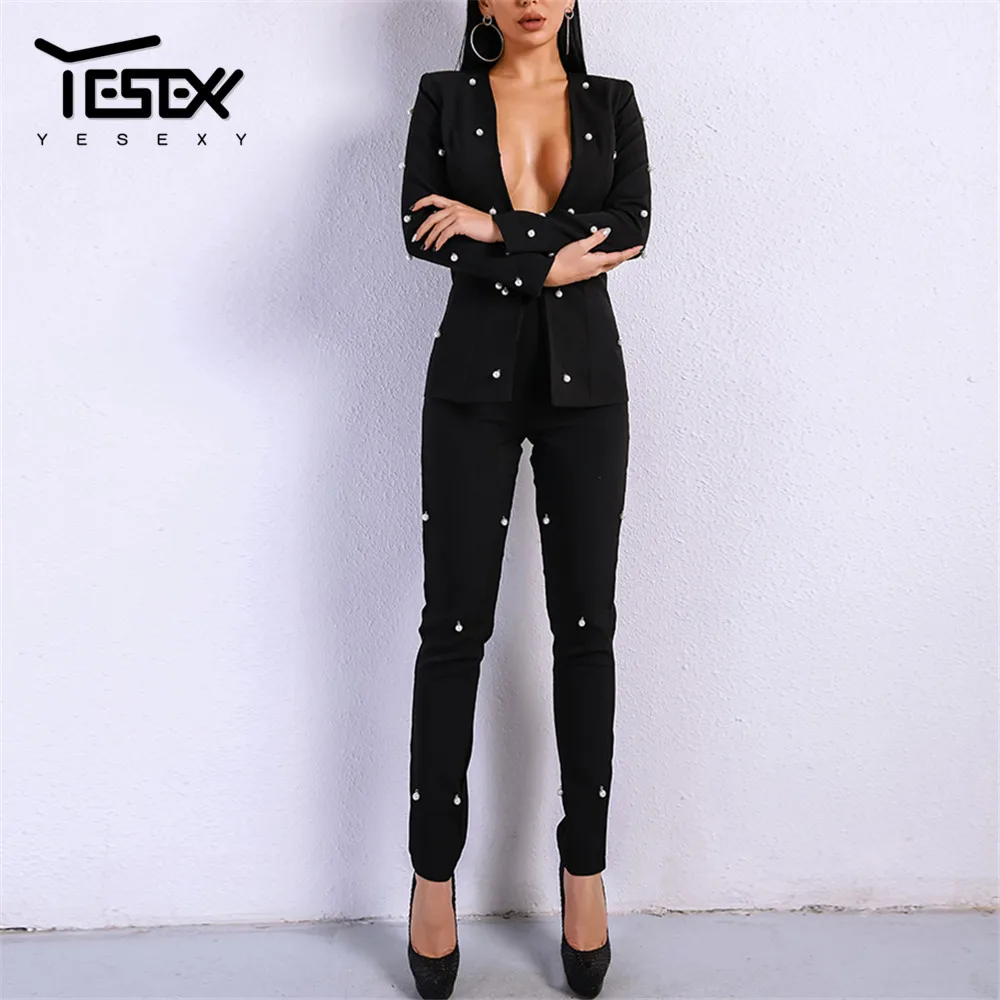 Женский костюм двойка Yesexy элегантный однотонный с блейзером длинным рукавом и
