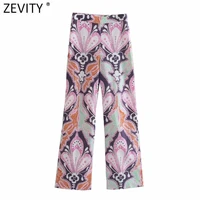 zevity 2021 women vintage totem floral print casual slim straight pants retro female chic side zipper summer long trousers p1115