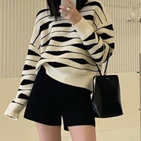2021 autumn korean women fashion sweater long sleeve round pullover ol commuter neck stripe patchwork loose warm female sweaters