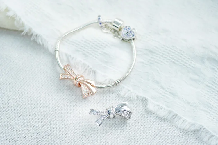 

New Trendy 925 Sterling Silver Bead Sparkling Silver Bow Ribbon Charm Fit Original Pandora Charm Bracelet Women DIY Jewelry Gift