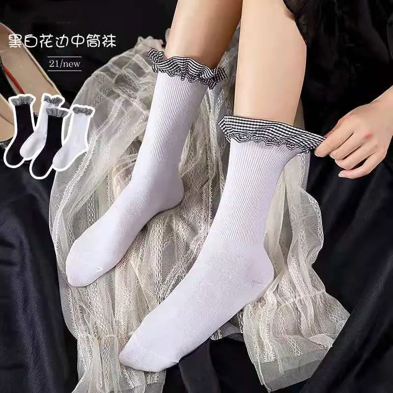 2021 Autumn Cotton Black And White Socks Lovely Princess Lotus Lace Mid-Calf Length Socks Lolita Casual Versatile Girls Socks