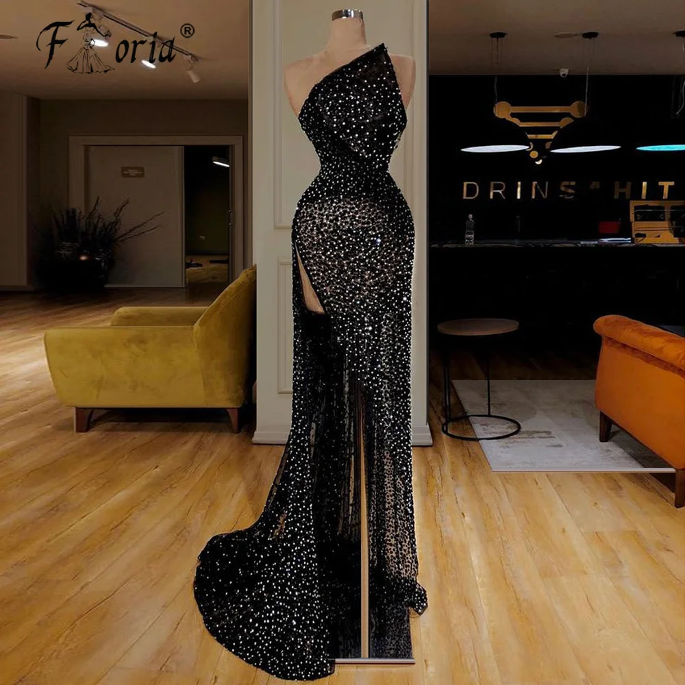 

Sexy Sleeveless High Slit Long Prom Dress Black Beads Pearls Evening Gown Formal Party Dress vestidos de gala