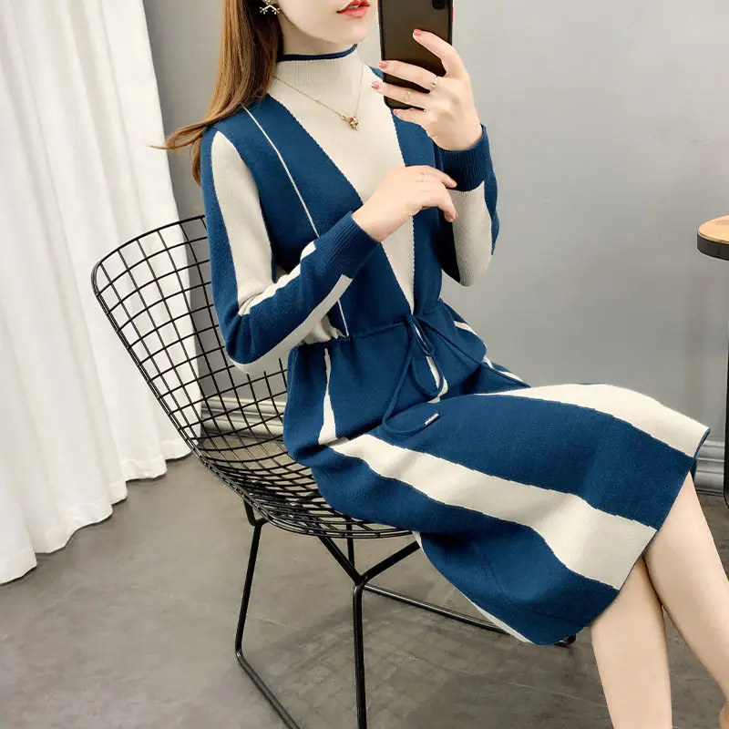 

Newest Long Hit Colors Sweater Women's Dress 2021 Clothes Knit Dress Fashion Wild Autumn And Winter Thickening Pullover Top y809