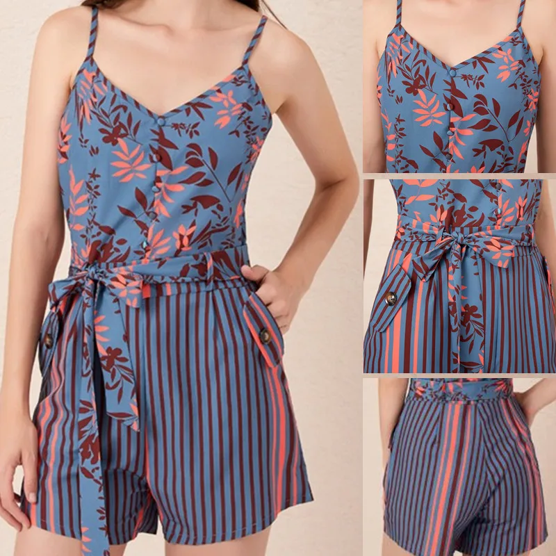 Women Summer Print Jumpsuit With Belt Sleeveless Beach Rompers Bodycon Slim Strap Bodysuit Wide Leg Overalls Playsuit Clothing