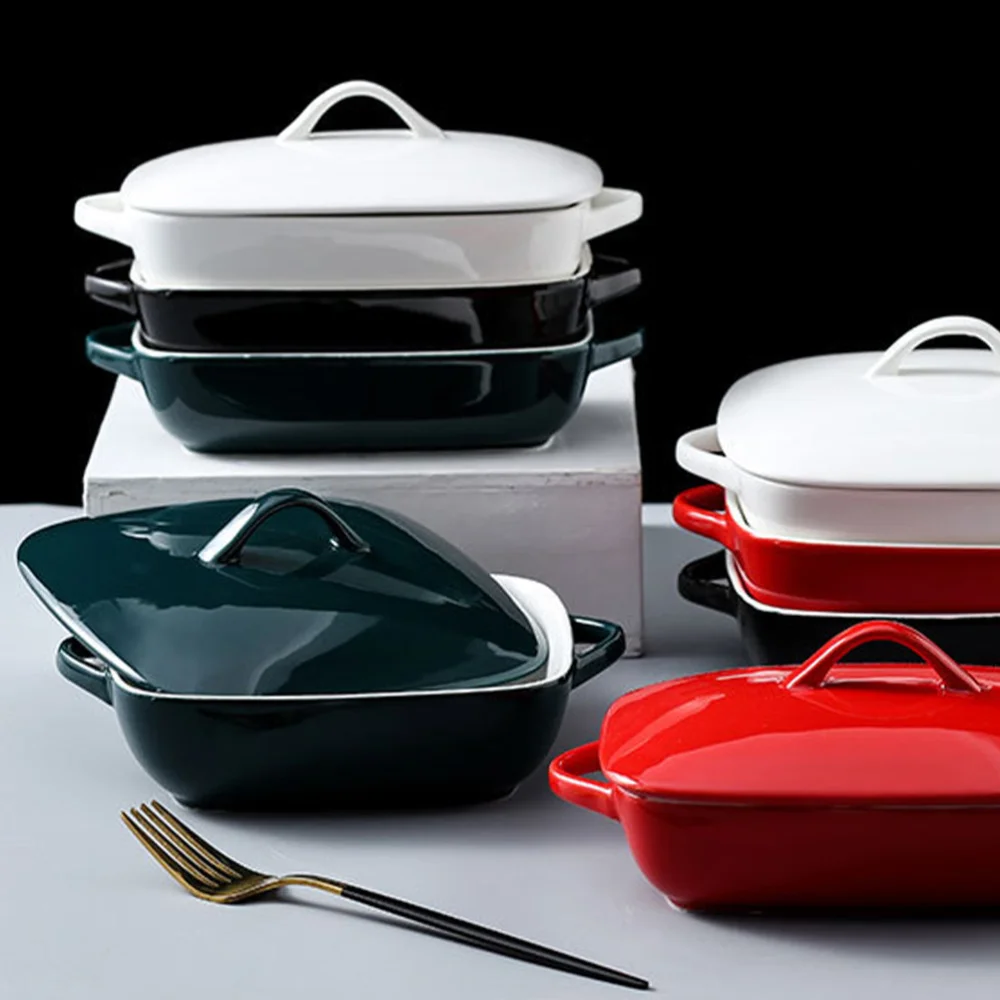 

Ceramic Rectangular Bowl with Double Handles and Lid Baking Household Bowl